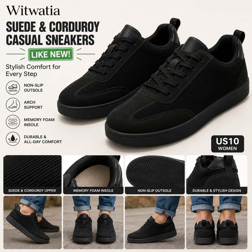 Witwatia Women's Suede and Corduroy Casual Sneakers, Black, Size US 10